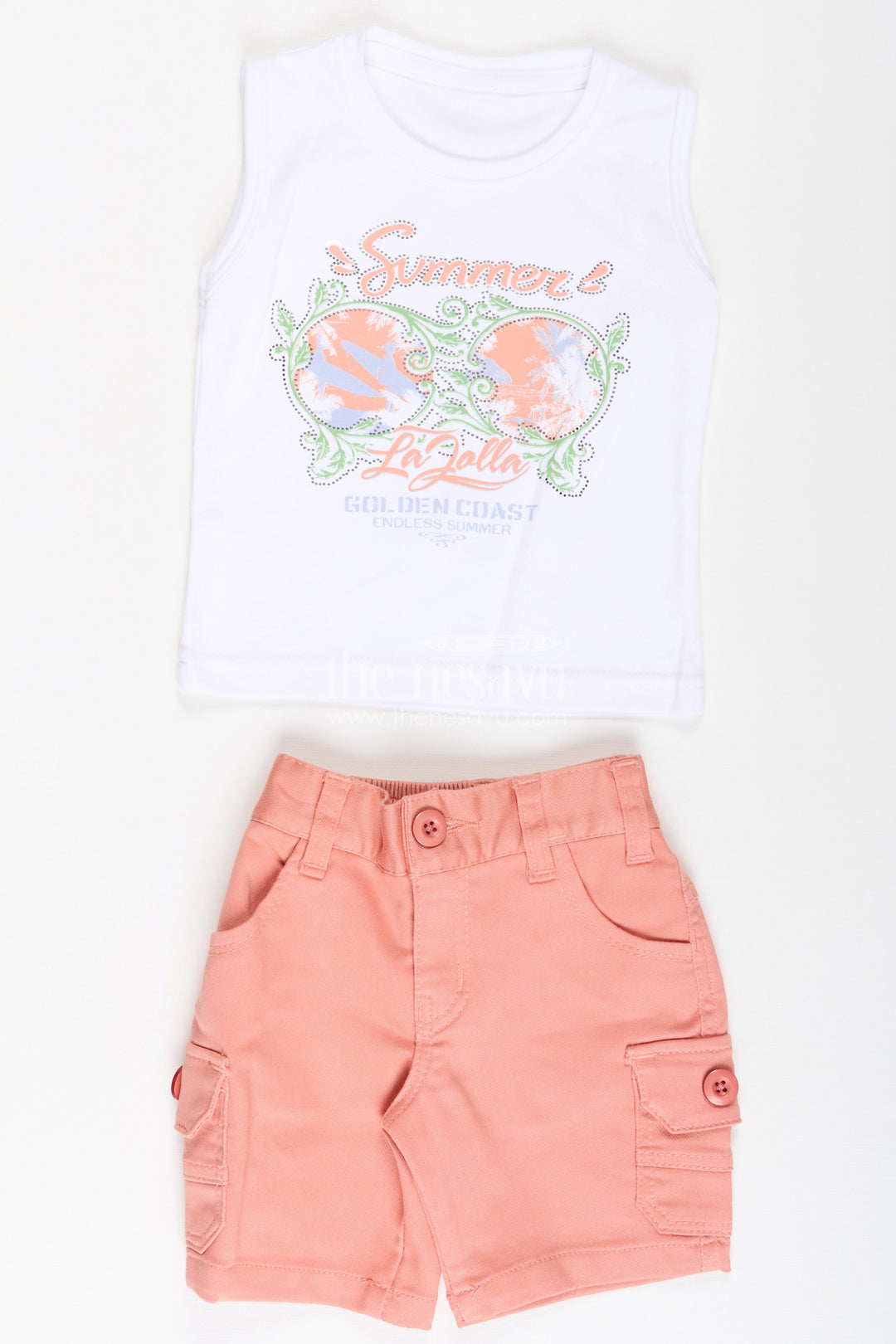 The Nesavu Boys Casual Set Boys Cotton Best Casual Dress Shirts Set with Floral Printed Shirt, Tank Tee, and Cargo Shorts Nesavu Boys Best Casual Dress Shirts Set Floral Printed Shirt Tee Cargo Shorts | The Nesavu