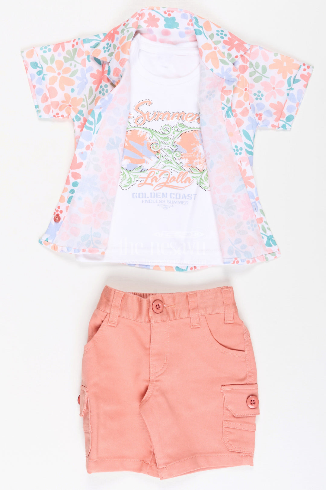 The Nesavu Boys Casual Set Boys Cotton Best Casual Dress Shirts Set with Floral Printed Shirt, Tank Tee, and Cargo Shorts Nesavu Boys Best Casual Dress Shirts Set Floral Printed Shirt Tee Cargo Shorts | The Nesavu