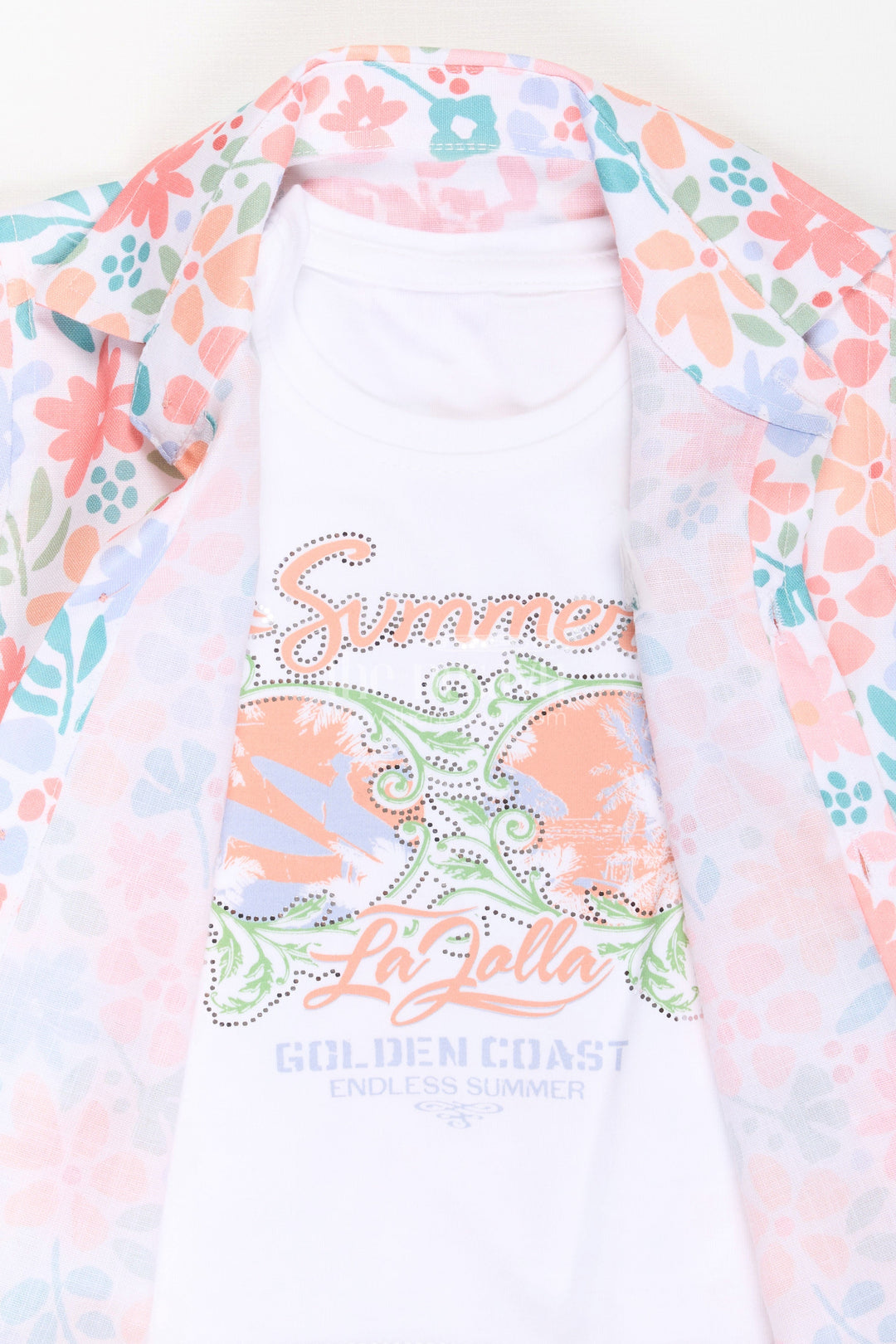 The Nesavu Boys Casual Set Boys Cotton Best Casual Dress Shirts Set with Floral Printed Shirt, Tank Tee, and Cargo Shorts Nesavu Boys Best Casual Dress Shirts Set Floral Printed Shirt Tee Cargo Shorts | The Nesavu