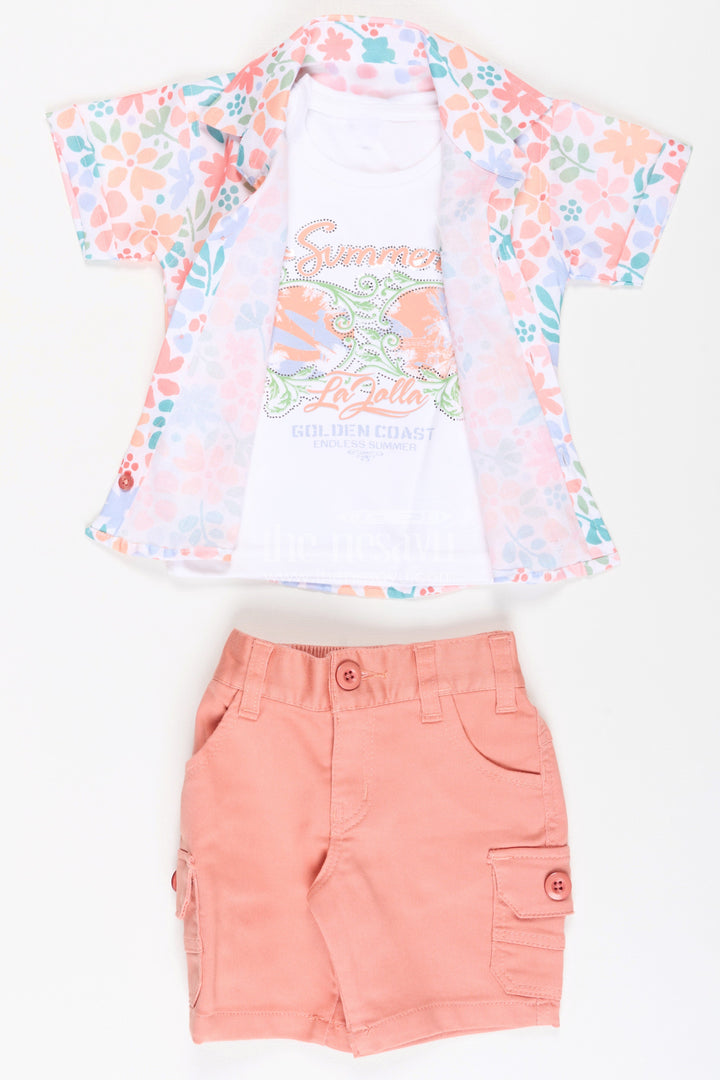The Nesavu Boys Casual Set Boys Cotton Best Casual Dress Shirts Set with Floral Printed Shirt, Tank Tee, and Cargo Shorts Nesavu Boys Best Casual Dress Shirts Set Floral Printed Shirt Tee Cargo Shorts | The Nesavu