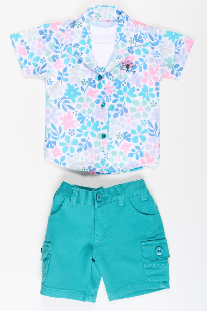 The Nesavu Boys Casual Set Boys Cotton Best Casual Shirts Set with Green Shorts and Tropical Print Combo for Everyday Wear Nesavu 14 (6M) / Multicolor BCS258C-14 Boys Best Casual Shirts Set Graphic Tee Green Shorts Summer Outings | The Nesavu