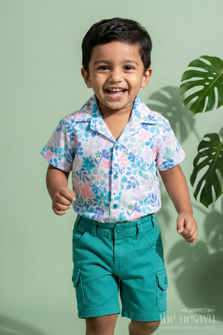 The Nesavu Boys Casual Set Boys Cotton Best Casual Shirts Set with Green Shorts and Tropical Print Combo for Everyday Wear Nesavu 14 (6M) / Multicolor BCS258C-14 Boys Best Casual Shirts Set Graphic Tee Green Shorts Summer Outings | The Nesavu