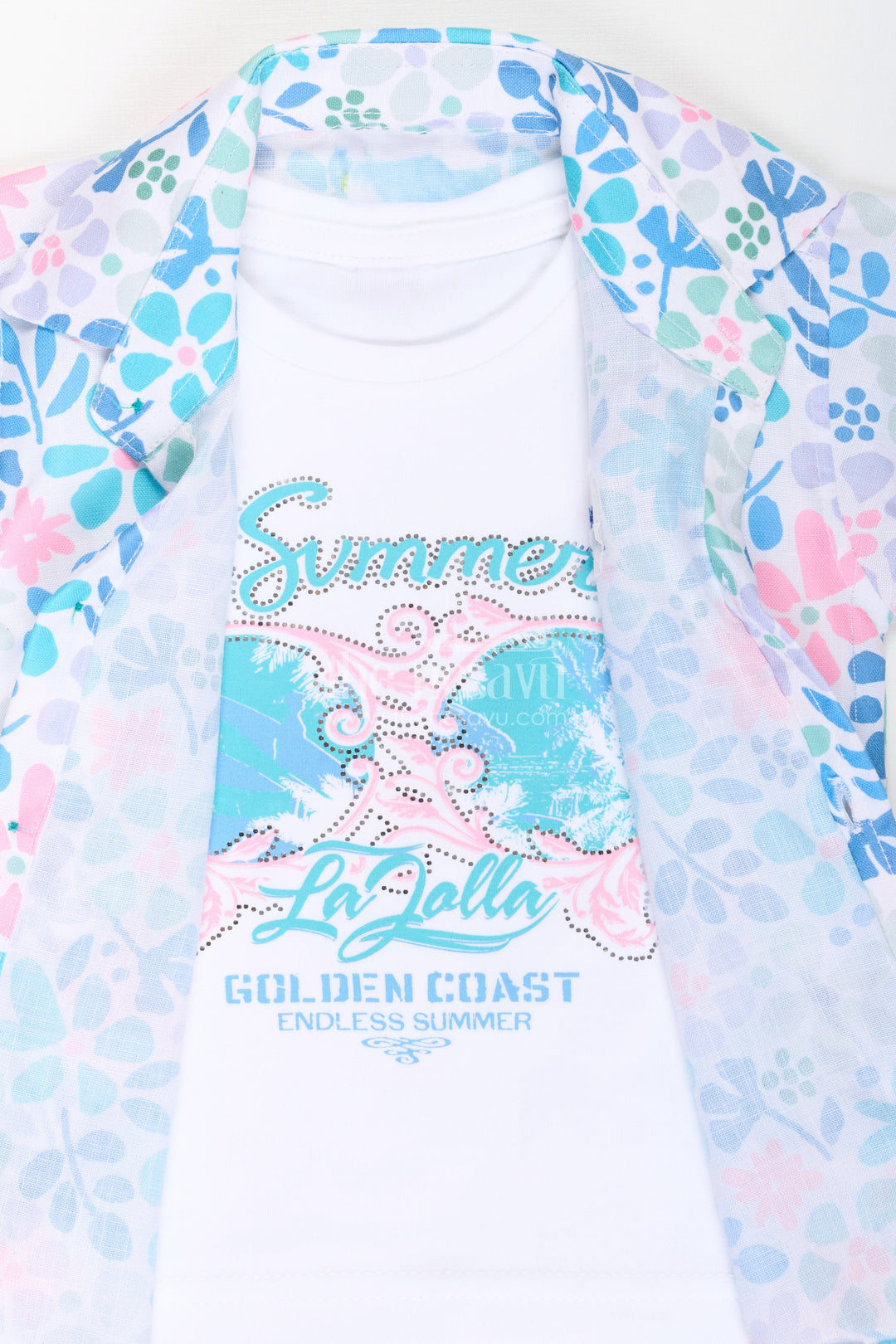 The Nesavu Boys Casual Set Boys Cotton Best Casual Shirts Set with Green Shorts and Tropical Print Combo for Everyday Wear Nesavu Boys Best Casual Shirts Set Graphic Tee Green Shorts Summer Outings | The Nesavu