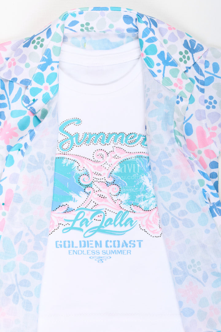 The Nesavu Boys Casual Set Boys Cotton Best Casual Shirts Set with Green Shorts and Tropical Print Combo for Everyday Wear Nesavu Boys Best Casual Shirts Set Graphic Tee Green Shorts Summer Outings | The Nesavu