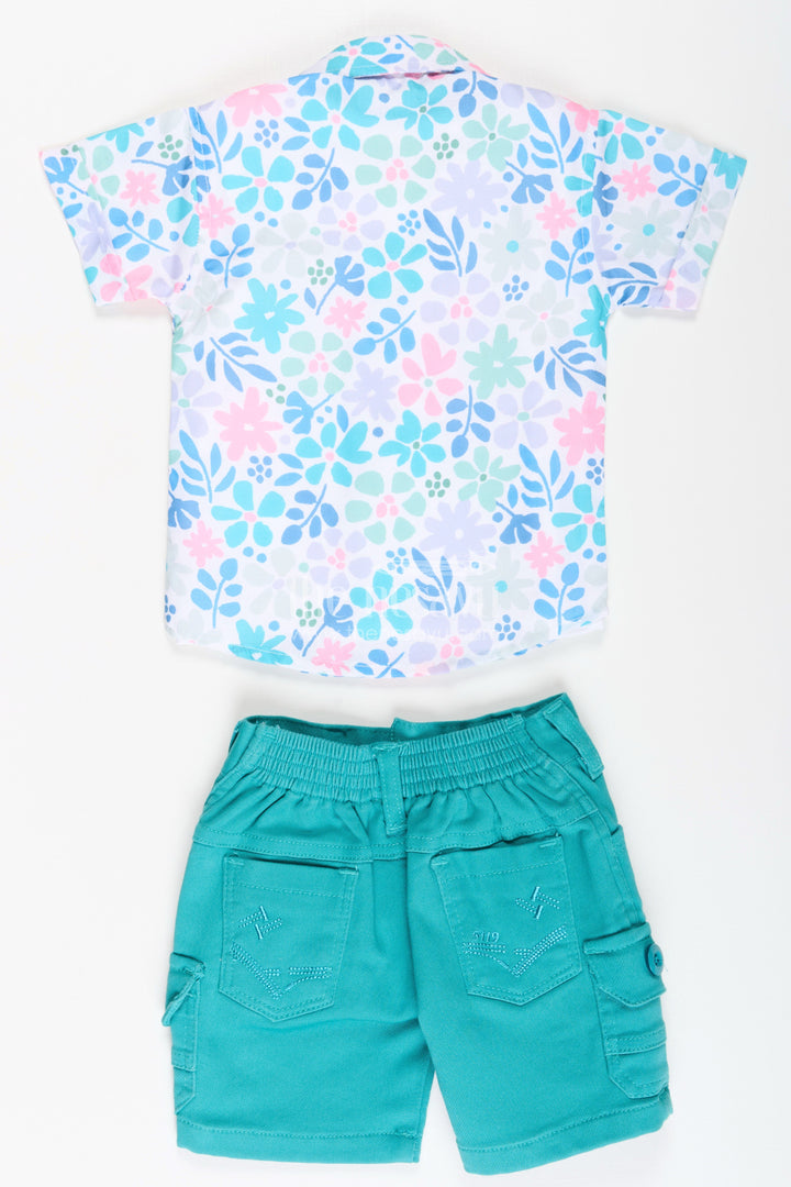 The Nesavu Boys Casual Set Boys Cotton Best Casual Shirts Set with Green Shorts and Tropical Print Combo for Everyday Wear Nesavu Boys Best Casual Shirts Set Graphic Tee Green Shorts Summer Outings | The Nesavu