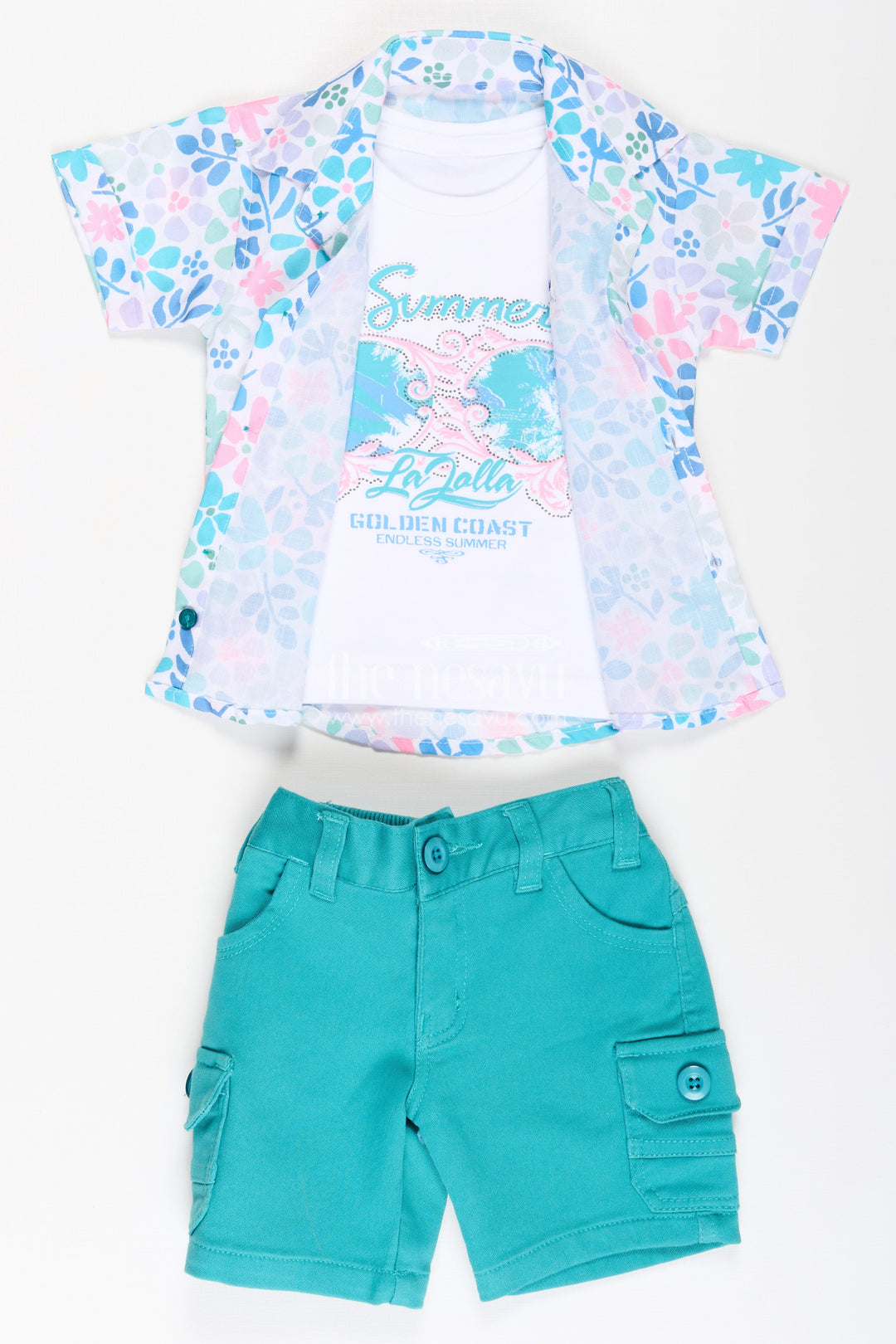 The Nesavu Boys Casual Set Boys Cotton Best Casual Shirts Set with Green Shorts and Tropical Print Combo for Everyday Wear Nesavu Boys Best Casual Shirts Set Graphic Tee Green Shorts Summer Outings | The Nesavu