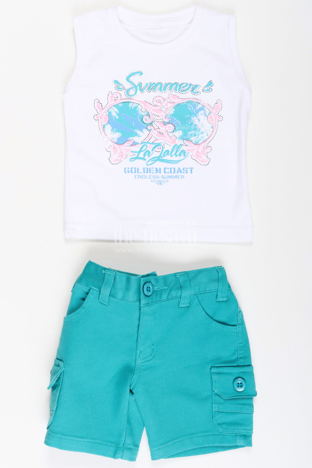 The Nesavu Boys Casual Set Boys Cotton Best Casual Shirts Set with Green Shorts and Tropical Print Combo for Everyday Wear Nesavu Boys Best Casual Shirts Set Graphic Tee Green Shorts Summer Outings | The Nesavu