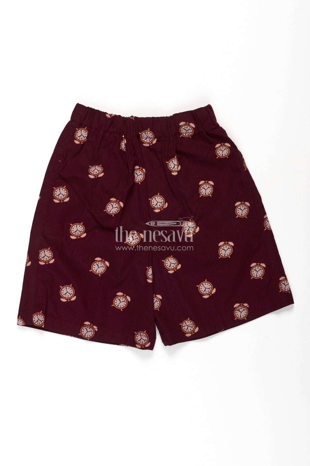 The Nesavu Boys Shorts Boys Cotton Bicycle Shorts in Maroon with Alarm Clock Prints and Easy Fit Waistband Nesavu 18 (2Y) / Maroon BWS027A-18 Nesavu Boys Maroon Cotton Bicycle Shorts Alarm Clock Digital Print Soft Waist Fit