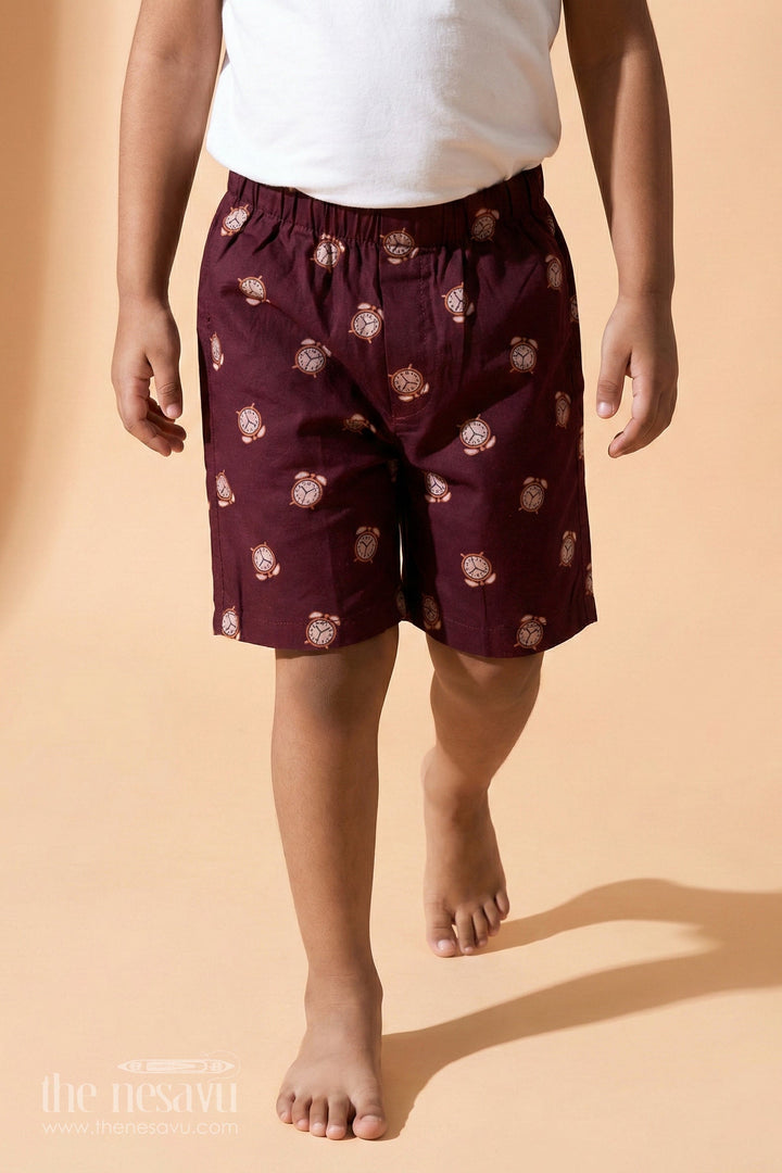 The Nesavu Boys Shorts Boys Cotton Bicycle Shorts in Maroon with Alarm Clock Prints and Easy Fit Waistband Nesavu 18 (2Y) / Maroon BWS027A-18 Nesavu Boys Maroon Cotton Bicycle Shorts Alarm Clock Digital Print Soft Waist Fit