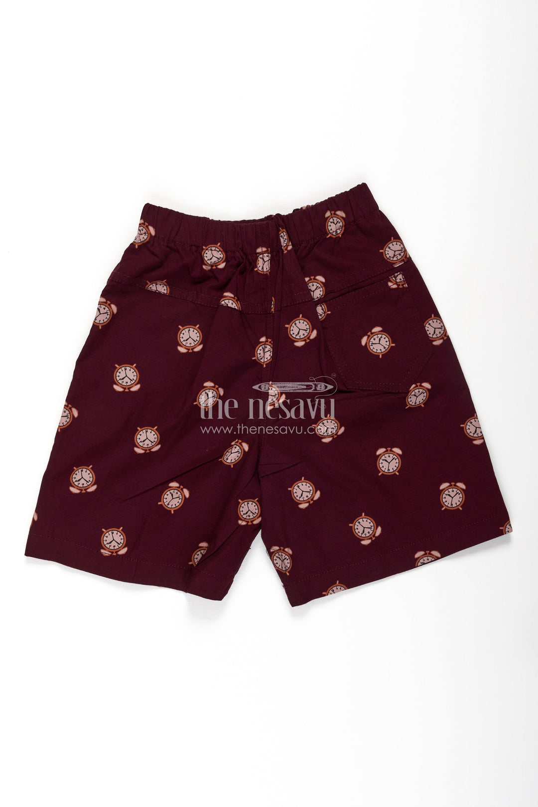 The Nesavu Boys Shorts Boys Cotton Bicycle Shorts in Maroon with Alarm Clock Prints and Easy Fit Waistband Nesavu Nesavu Boys Maroon Cotton Bicycle Shorts Alarm Clock Digital Print Soft Waist Fit