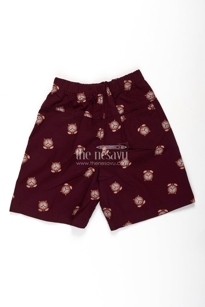The Nesavu Boys Shorts Boys Cotton Bicycle Shorts in Maroon with Alarm Clock Prints and Easy Fit Waistband Nesavu Nesavu Boys Maroon Cotton Bicycle Shorts Alarm Clock Digital Print Soft Waist Fit