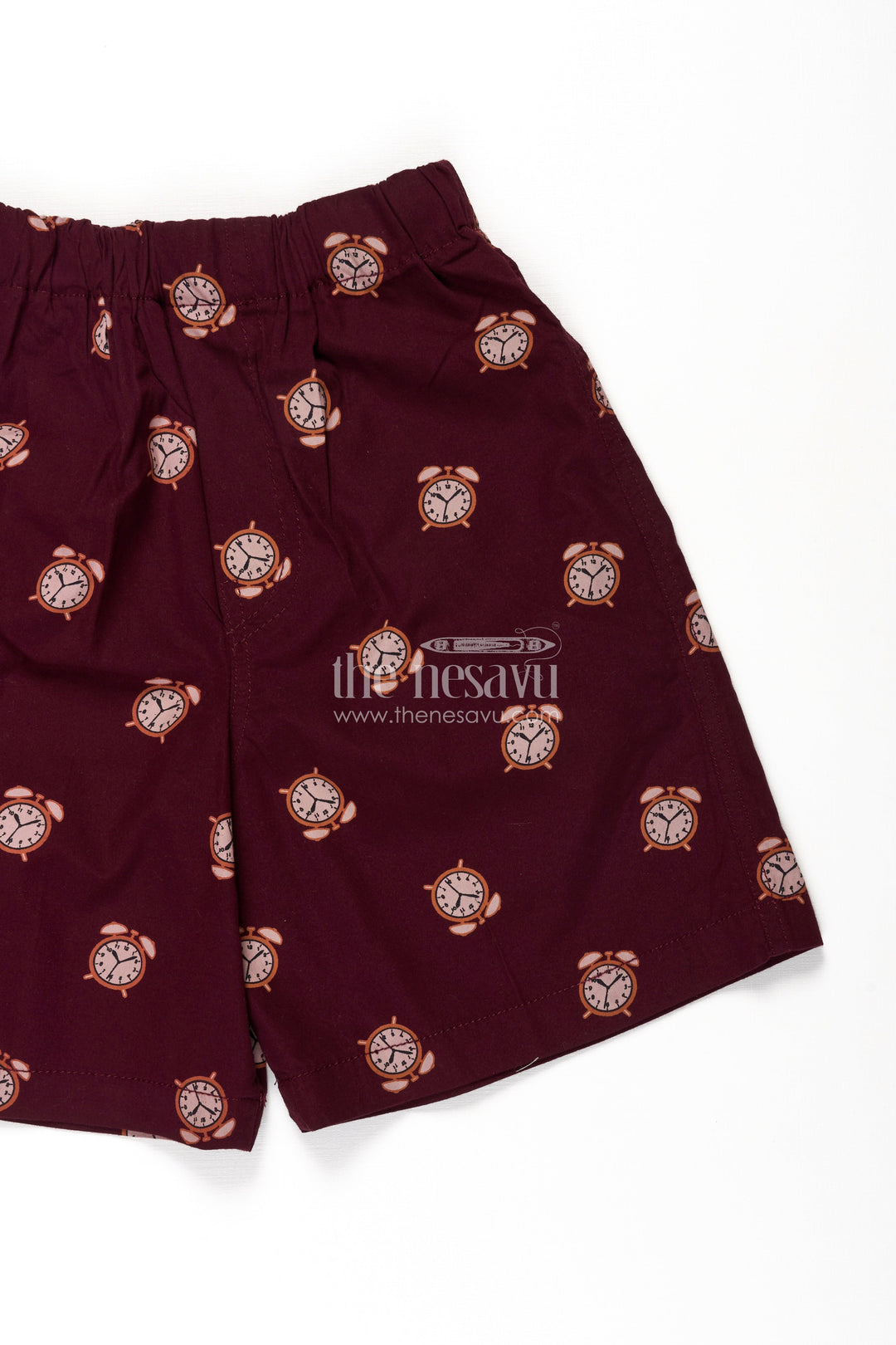 The Nesavu Boys Shorts Boys Cotton Bicycle Shorts in Maroon with Alarm Clock Prints and Easy Fit Waistband Nesavu Nesavu Boys Maroon Cotton Bicycle Shorts Alarm Clock Digital Print Soft Waist Fit