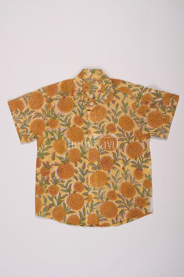 The Nesavu Boys Cotton Shirt Boys Cotton Block Print Family Christmas Outfits with Vibrant Marigold Floral Design Nesavu 16 (1Y) / Yellow BS218A-16 Nesavu Boys Family Christmas Outfits Cotton Block Print Vibrant Marigold Floral Design