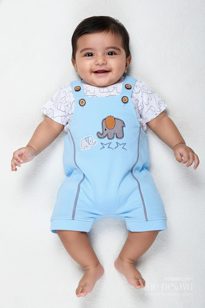 The Nesavu Boys Casual Set Boys Cotton Blue Casual Dress with Elephant Print and Dungaree Style for Everyday Adventures Nesavu 14 (6M) / Blue BCS314A-14 Nesavu Boys Cotton Blue Casual Dress Set Elephant Dungaree Style Soft Printed Tee