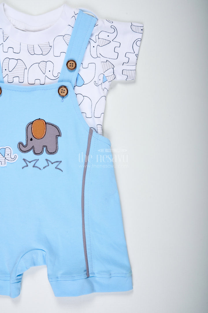 The Nesavu Boys Casual Set Boys Cotton Blue Casual Dress with Elephant Print and Dungaree Style for Everyday Adventures Nesavu Nesavu Boys Cotton Blue Casual Dress Set Elephant Dungaree Style Soft Printed Tee