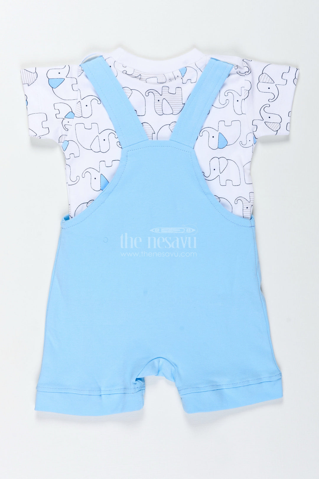 The Nesavu Boys Casual Set Boys Cotton Blue Casual Dress with Elephant Print and Dungaree Style for Everyday Adventures Nesavu Nesavu Boys Cotton Blue Casual Dress Set Elephant Dungaree Style Soft Printed Tee