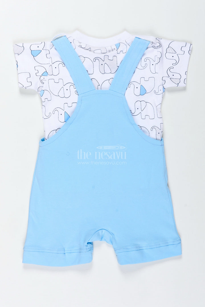 The Nesavu Boys Casual Set Boys Cotton Blue Casual Dress with Elephant Print and Dungaree Style for Everyday Adventures Nesavu Nesavu Boys Cotton Blue Casual Dress Set Elephant Dungaree Style Soft Printed Tee