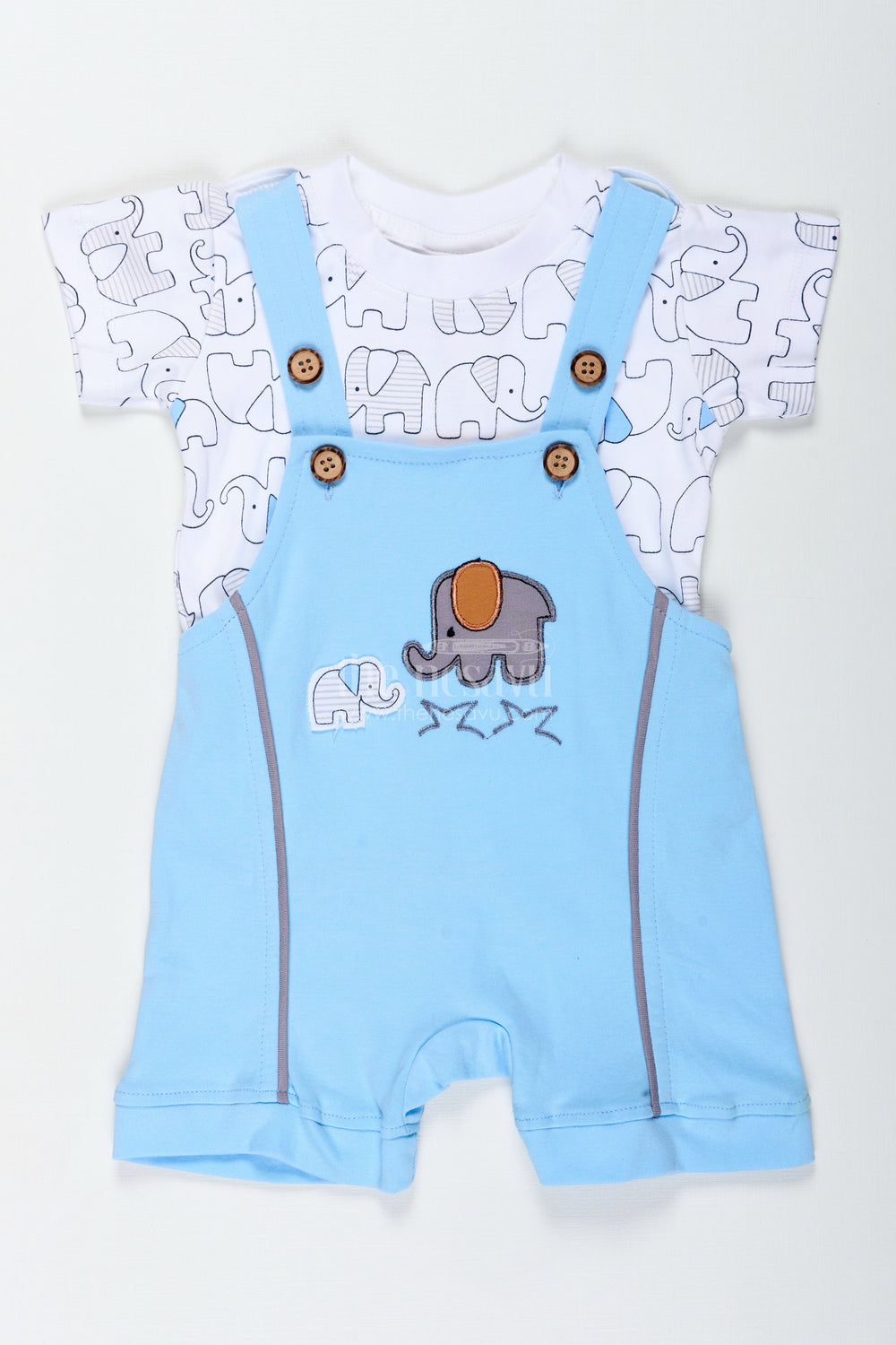 The Nesavu Boys Casual Set Boys Cotton Blue Casual Dress with Elephant Print and Dungaree Style for Everyday Adventures Nesavu Nesavu Boys Cotton Blue Casual Dress Set Elephant Dungaree Style Soft Printed Tee