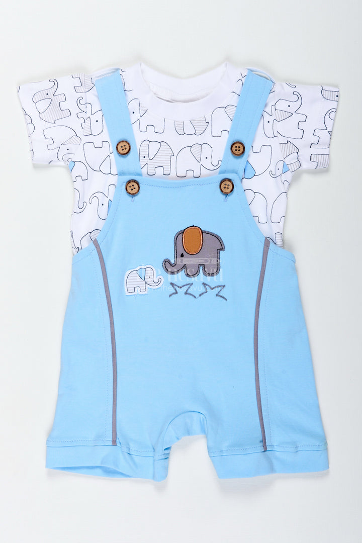 The Nesavu Boys Casual Set Boys Cotton Blue Casual Dress with Elephant Print and Dungaree Style for Everyday Adventures Nesavu Nesavu Boys Cotton Blue Casual Dress Set Elephant Dungaree Style Soft Printed Tee