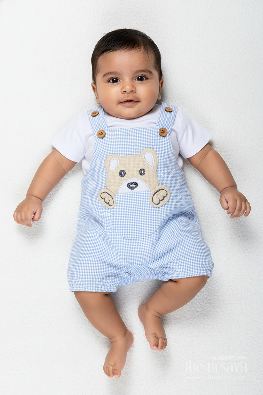 The Nesavu Boys Casual Set Boys Cotton Blue Dress Set with Bear Patch and Striped Overalls for a Cozy and Playful Everyday Look Nesavu 14 (6M) / Blue BCS287B-14 Nesavu Boys Blue Dress Set Bear Embellishment Soft Cotton Striped Overalls All-Day Comfort