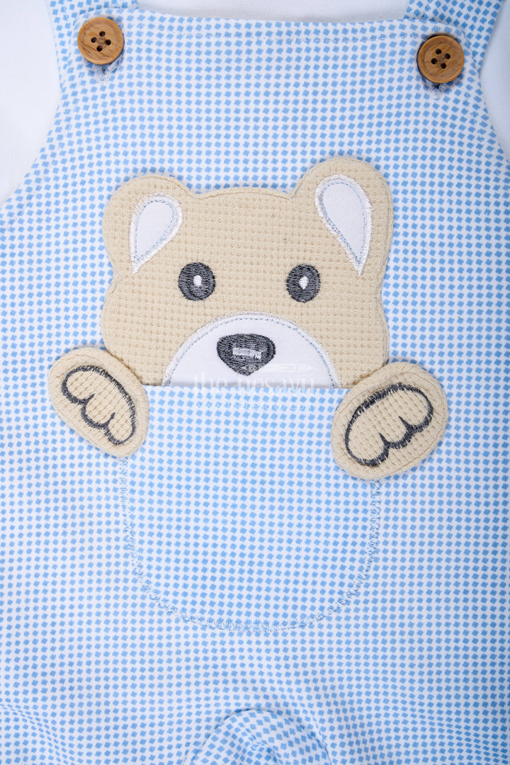 The Nesavu Boys Casual Set Boys Cotton Blue Dress Set with Bear Patch and Striped Overalls for a Cozy and Playful Everyday Look Nesavu Nesavu Boys Blue Dress Set Bear Embellishment Soft Cotton Striped Overalls All-Day Comfort