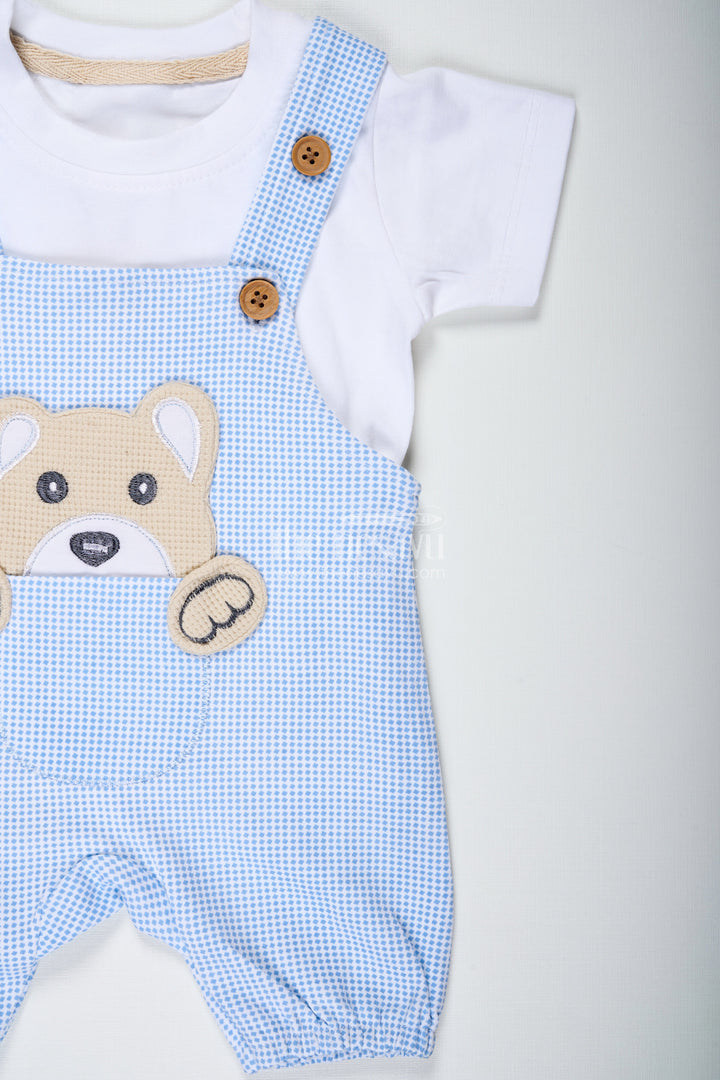 The Nesavu Boys Casual Set Boys Cotton Blue Dress Set with Bear Patch and Striped Overalls for a Cozy and Playful Everyday Look Nesavu Nesavu Boys Blue Dress Set Bear Embellishment Soft Cotton Striped Overalls All-Day Comfort