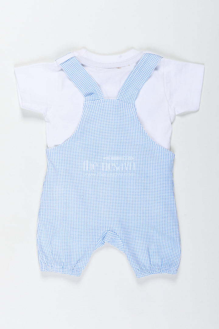 The Nesavu Boys Casual Set Boys Cotton Blue Dress Set with Bear Patch and Striped Overalls for a Cozy and Playful Everyday Look Nesavu Nesavu Boys Blue Dress Set Bear Embellishment Soft Cotton Striped Overalls All-Day Comfort