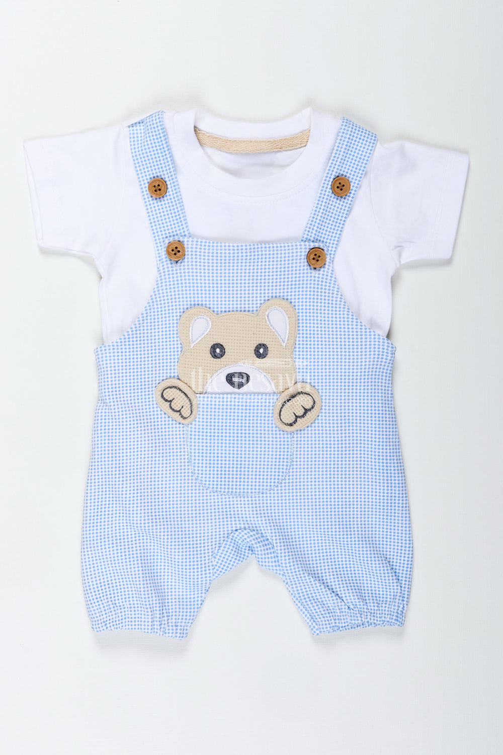 The Nesavu Boys Casual Set Boys Cotton Blue Dress Set with Bear Patch and Striped Overalls for a Cozy and Playful Everyday Look Nesavu Nesavu Boys Blue Dress Set Bear Embellishment Soft Cotton Striped Overalls All-Day Comfort