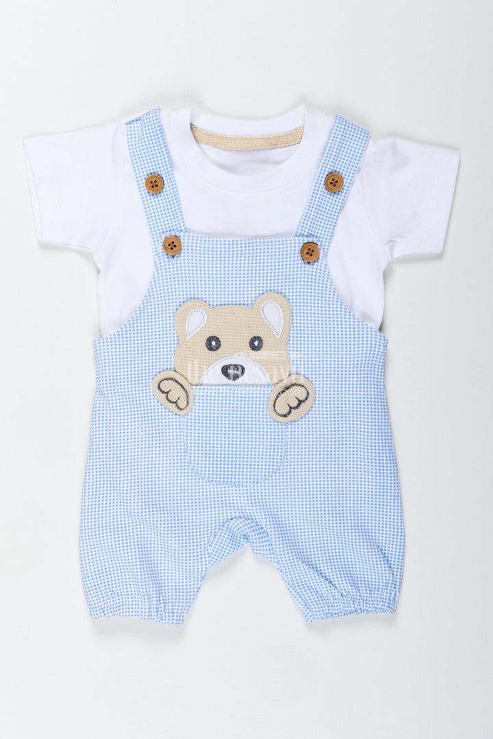 The Nesavu Boys Casual Set Boys Cotton Blue Dress Set with Bear Patch and Striped Overalls for a Cozy and Playful Everyday Look Nesavu Nesavu Boys Blue Dress Set Bear Embellishment Soft Cotton Striped Overalls All-Day Comfort