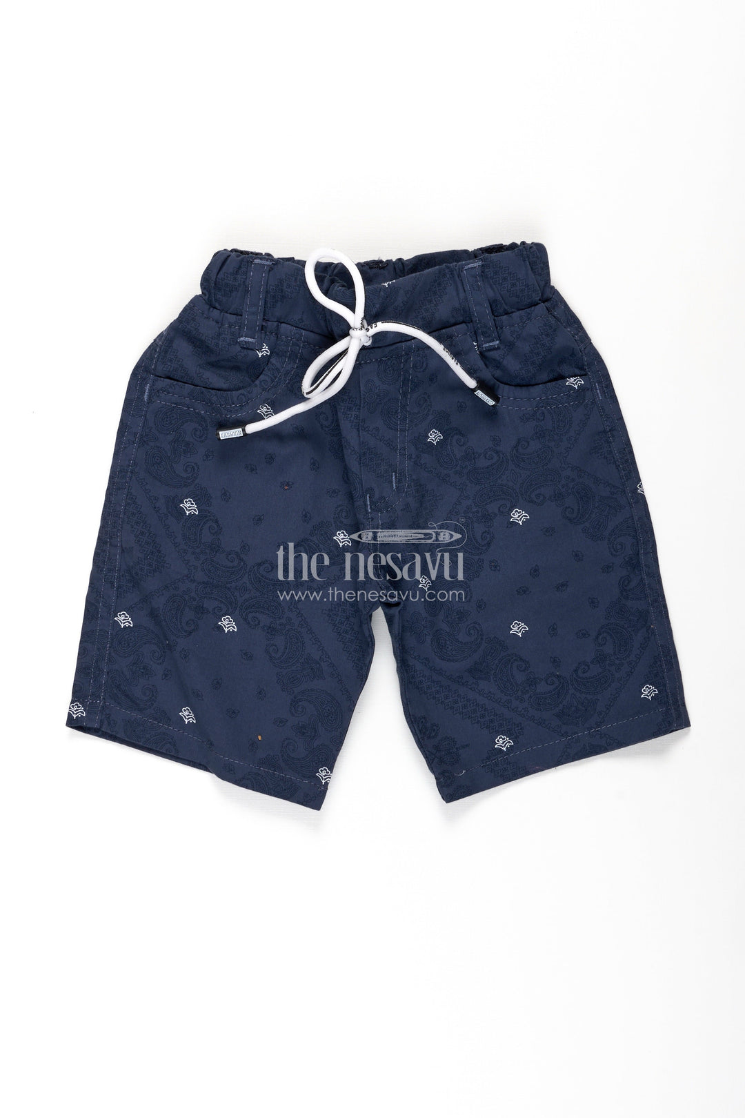 The Nesavu Boys Shorts Boys Cotton Blue Shorts Outfit with Paisley Print and Classic Styling for Trendy Everyday Wear Nesavu 16 (1Y) / Blue BWS021BA-16 Nesavu Boys Blue Cotton Shorts Outfit Paisley Digital Print Adjustable Drawstring Fit