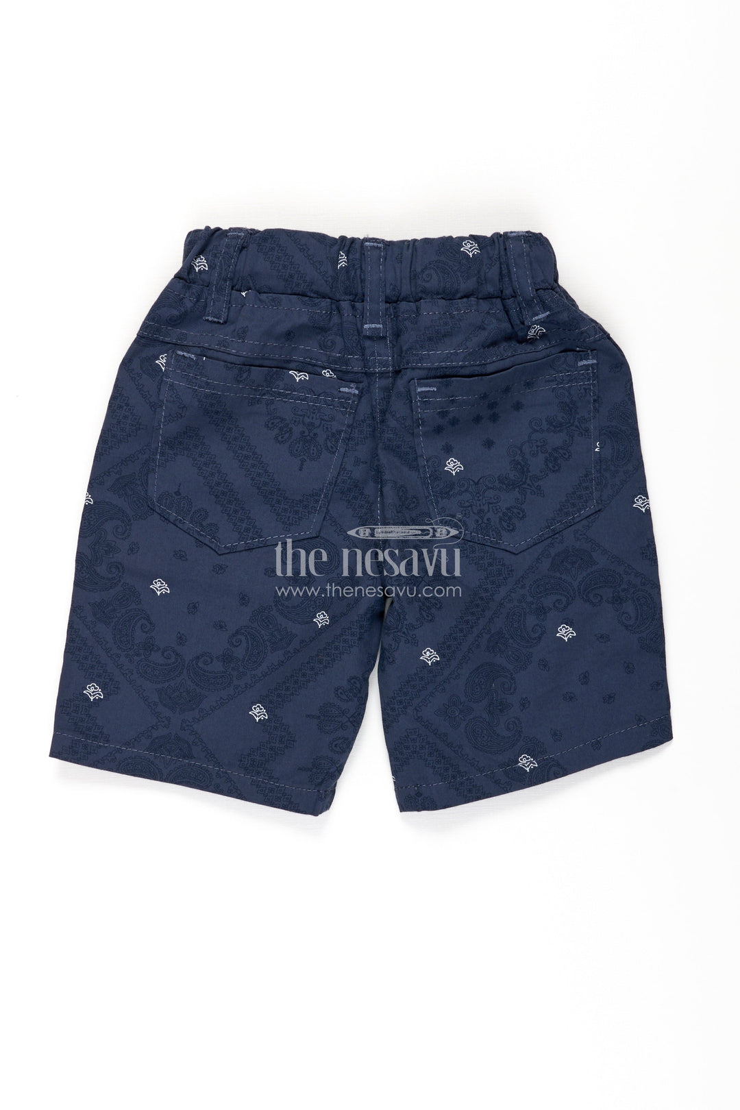 The Nesavu Boys Shorts Boys Cotton Blue Shorts Outfit with Paisley Print and Classic Styling for Trendy Everyday Wear Nesavu Nesavu Boys Blue Cotton Shorts Outfit Paisley Digital Print Adjustable Drawstring Fit
