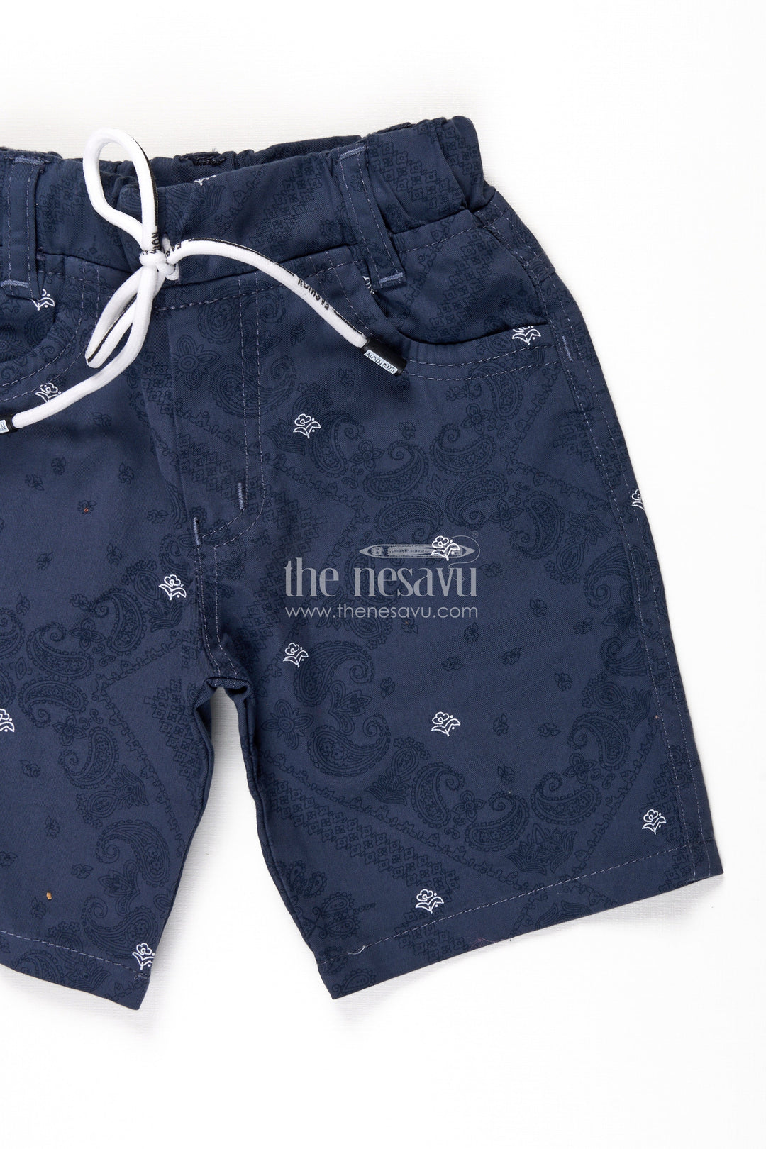 The Nesavu Boys Shorts Boys Cotton Blue Shorts Outfit with Paisley Print and Classic Styling for Trendy Everyday Wear Nesavu Nesavu Boys Blue Cotton Shorts Outfit Paisley Digital Print Adjustable Drawstring Fit