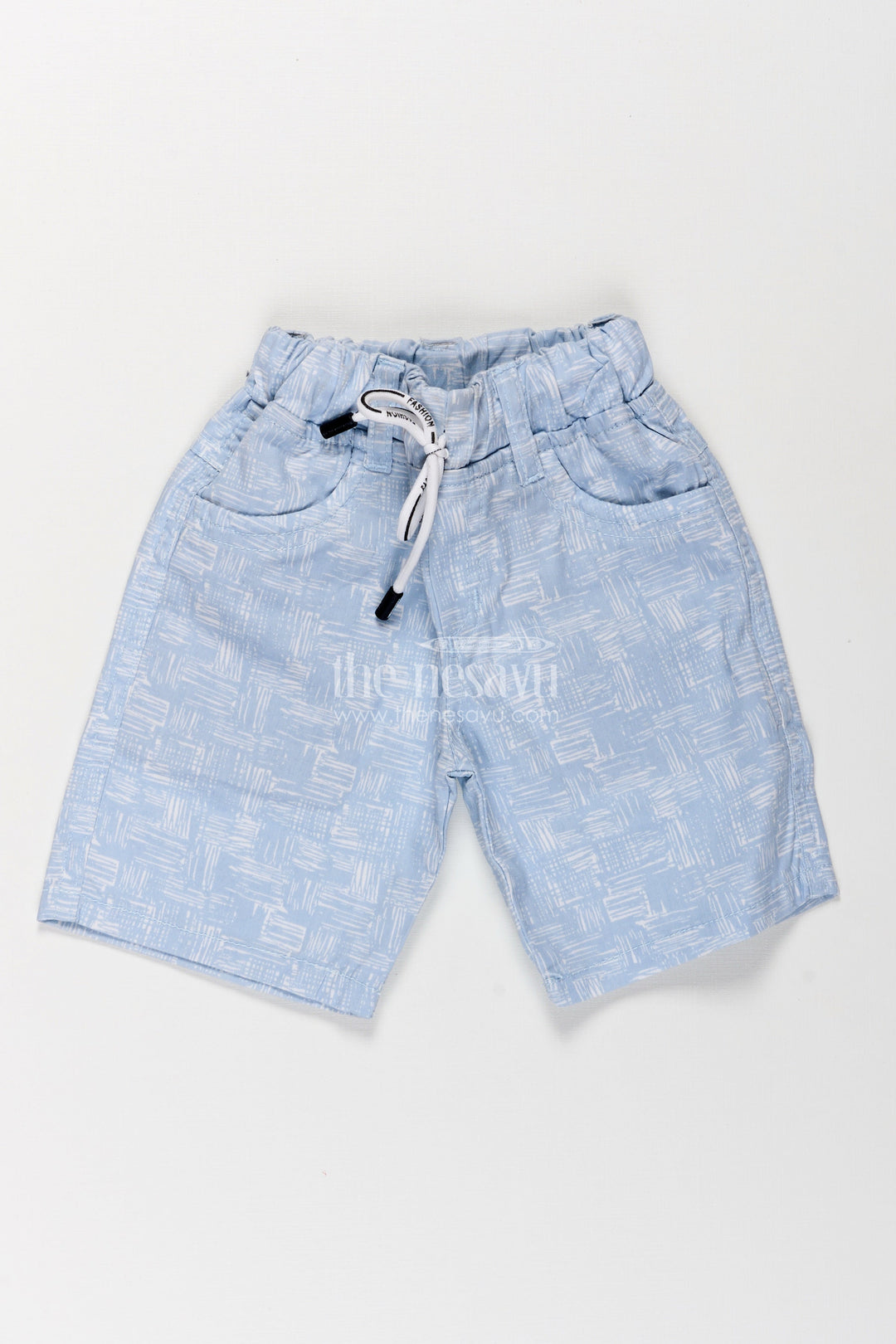 The Nesavu Boys Shorts Boys Cotton Blue Shorts with Digital Print and Adjustable Drawstring for Playful Comfort Nesavu 16 (1Y) / Blue BWS020CA-16 Nesavu Boys Light Blue Cotton Shorts White Digital Print Adjustable Waistband
