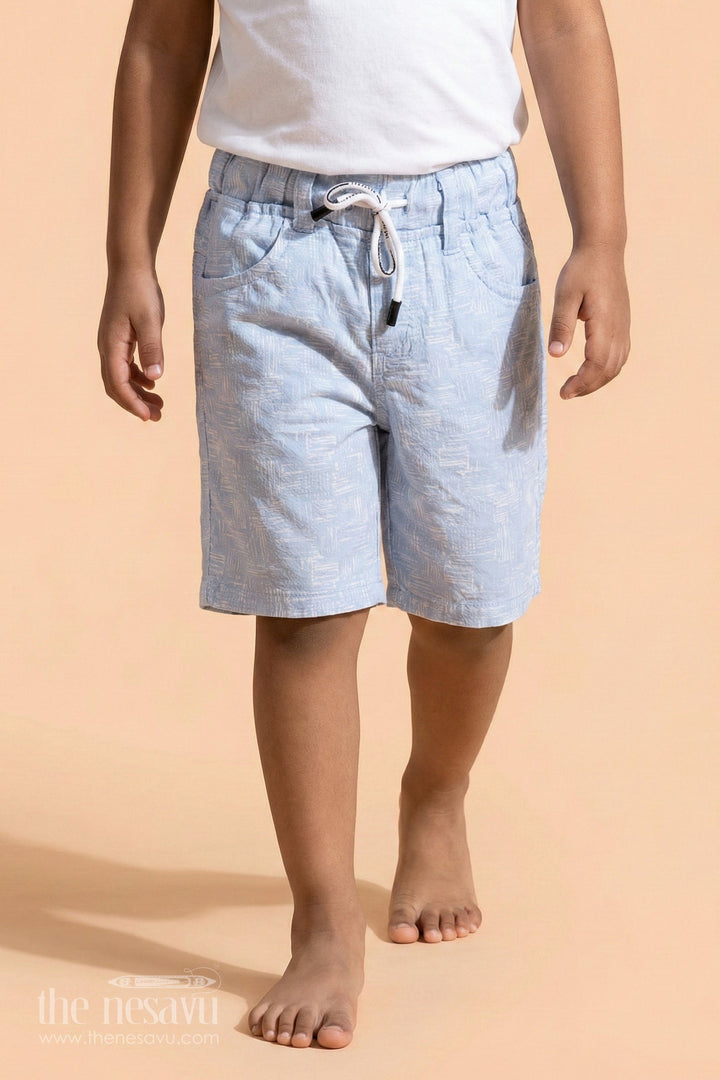 The Nesavu Boys Shorts Boys Cotton Blue Shorts with Digital Print and Adjustable Drawstring for Playful Comfort Nesavu 16 (1Y) / Blue BWS020CA-16 Nesavu Boys Light Blue Cotton Shorts White Digital Print Adjustable Waistband