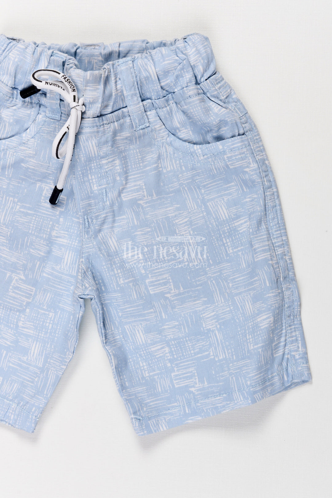 The Nesavu Boys Shorts Boys Cotton Blue Shorts with Digital Print and Adjustable Drawstring for Playful Comfort Nesavu Nesavu Boys Light Blue Cotton Shorts White Digital Print Adjustable Waistband