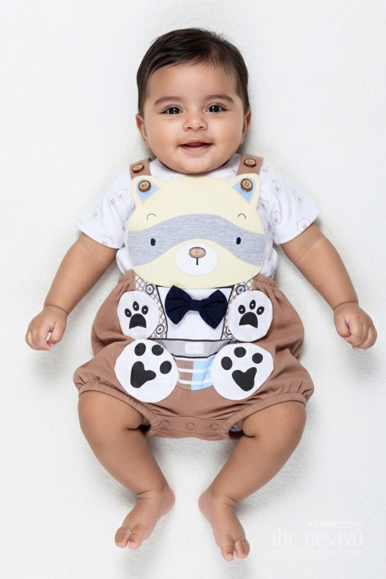The Nesavu Boys Casual Set Boys Cotton Brown Casual Dress with Animal Digital Print and Paw Patch Overalls for Comfortable Playtime Nesavu 14 (6M) / Brown BCS306A-14 Nesavu Boys Cotton Brown Casual Dress Bear Motif Digital Animal Print Overalls Everyday Wear