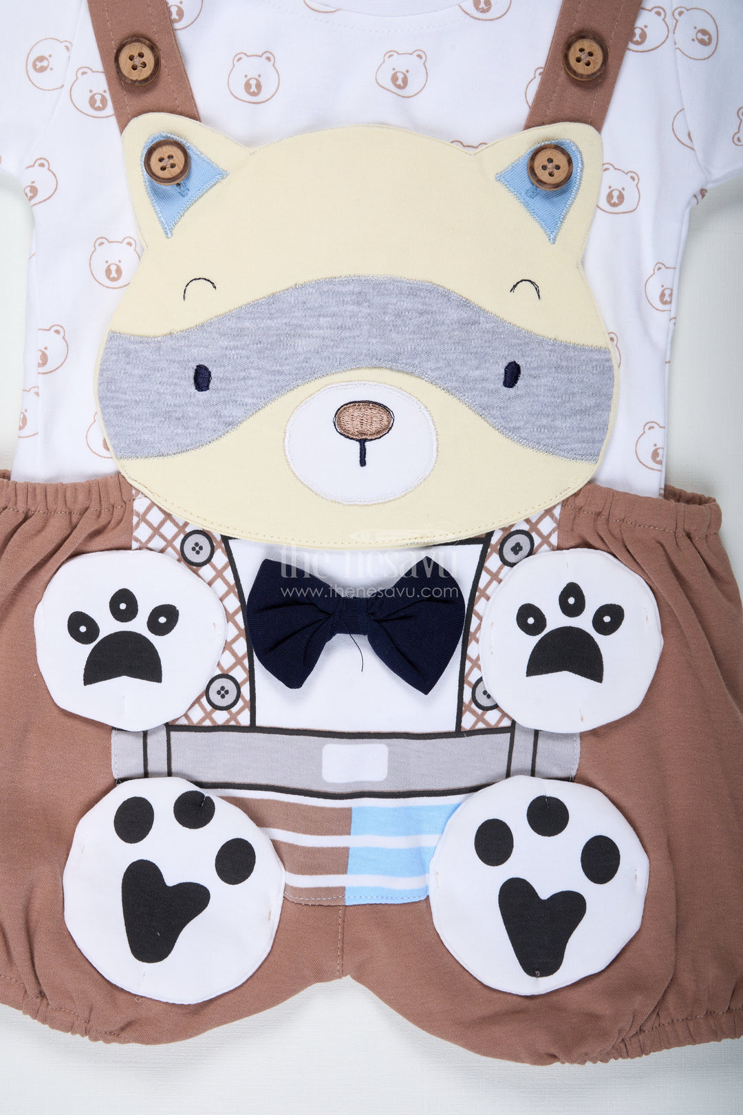 The Nesavu Boys Casual Set Boys Cotton Brown Casual Dress with Animal Digital Print and Paw Patch Overalls for Comfortable Playtime Nesavu Nesavu Boys Cotton Brown Casual Dress Bear Motif Digital Animal Print Overalls Everyday Wear