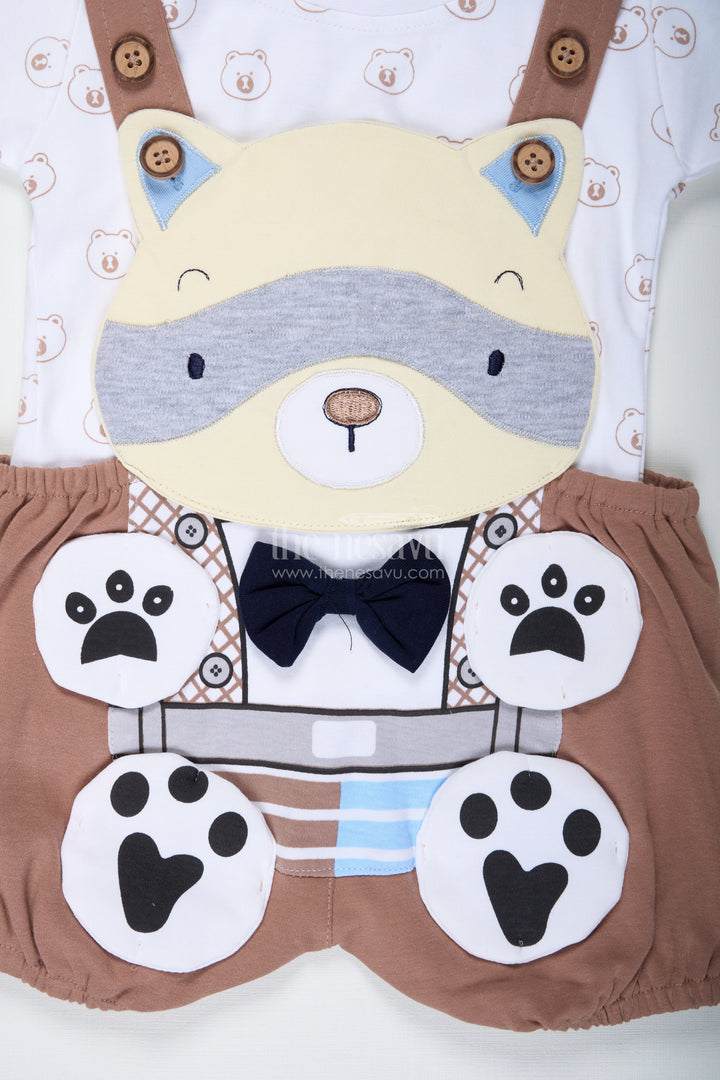 The Nesavu Boys Casual Set Boys Cotton Brown Casual Dress with Animal Digital Print and Paw Patch Overalls for Comfortable Playtime Nesavu Nesavu Boys Cotton Brown Casual Dress Bear Motif Digital Animal Print Overalls Everyday Wear