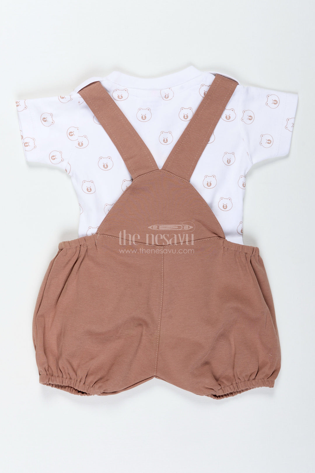The Nesavu Boys Casual Set Boys Cotton Brown Casual Dress with Animal Digital Print and Paw Patch Overalls for Comfortable Playtime Nesavu Nesavu Boys Cotton Brown Casual Dress Bear Motif Digital Animal Print Overalls Everyday Wear
