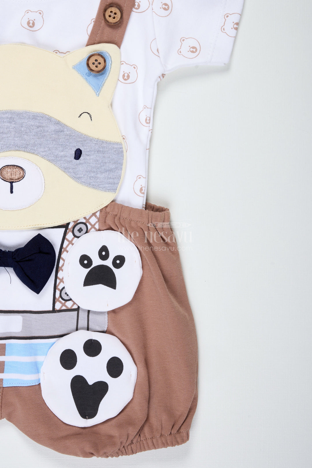 The Nesavu Boys Casual Set Boys Cotton Brown Casual Dress with Animal Digital Print and Paw Patch Overalls for Comfortable Playtime Nesavu Nesavu Boys Cotton Brown Casual Dress Bear Motif Digital Animal Print Overalls Everyday Wear