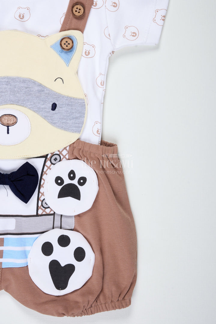The Nesavu Boys Casual Set Boys Cotton Brown Casual Dress with Animal Digital Print and Paw Patch Overalls for Comfortable Playtime Nesavu Nesavu Boys Cotton Brown Casual Dress Bear Motif Digital Animal Print Overalls Everyday Wear