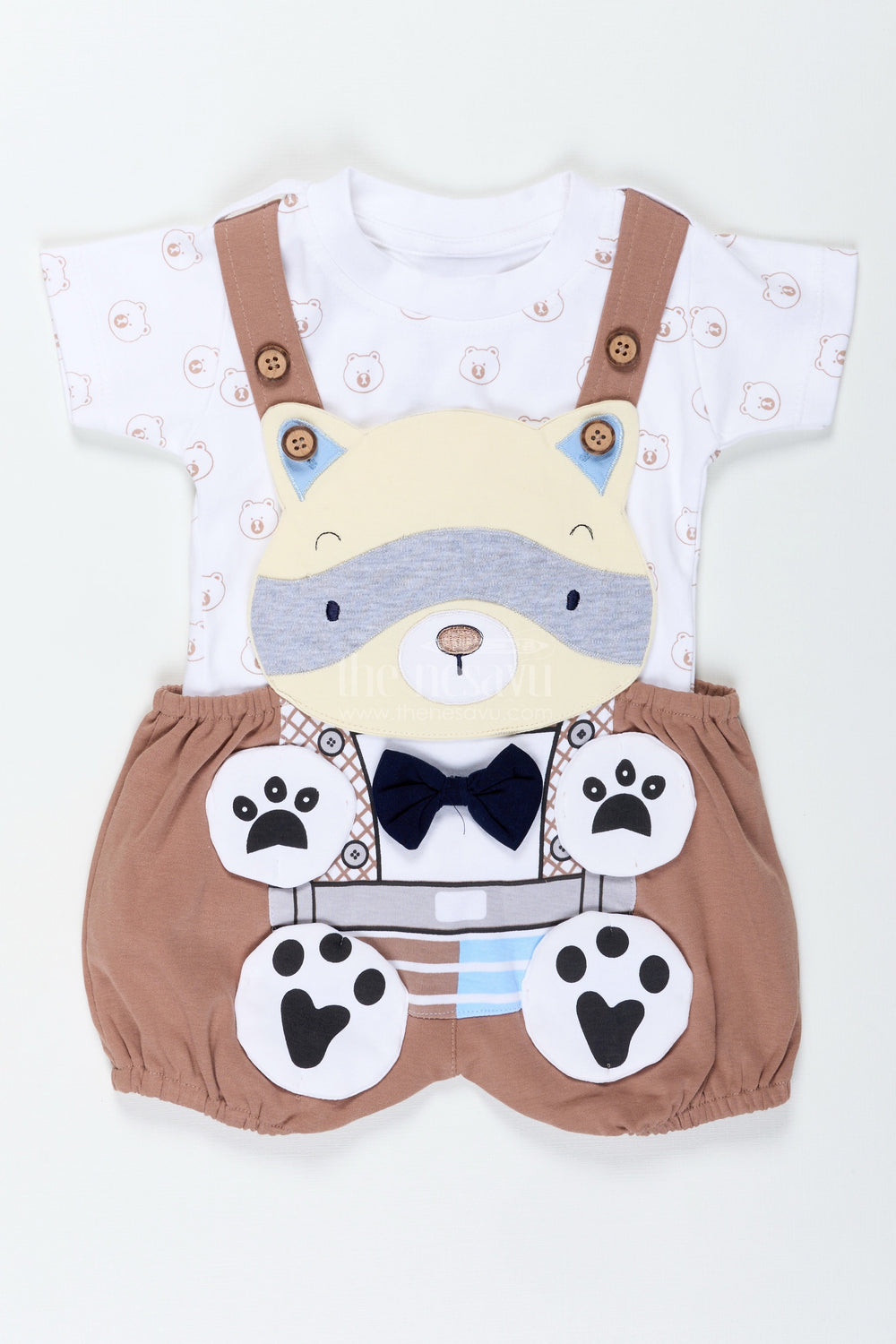 The Nesavu Boys Casual Set Boys Cotton Brown Casual Dress with Animal Digital Print and Paw Patch Overalls for Comfortable Playtime Nesavu Nesavu Boys Cotton Brown Casual Dress Bear Motif Digital Animal Print Overalls Everyday Wear