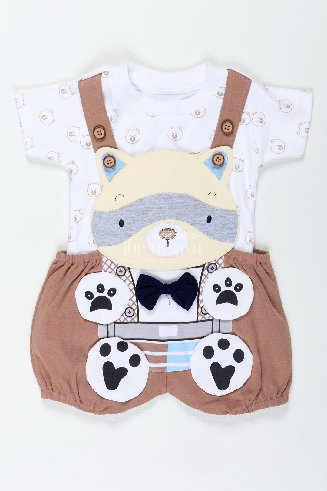 The Nesavu Boys Casual Set Boys Cotton Brown Casual Dress with Animal Digital Print and Paw Patch Overalls for Comfortable Playtime Nesavu Nesavu Boys Cotton Brown Casual Dress Bear Motif Digital Animal Print Overalls Everyday Wear