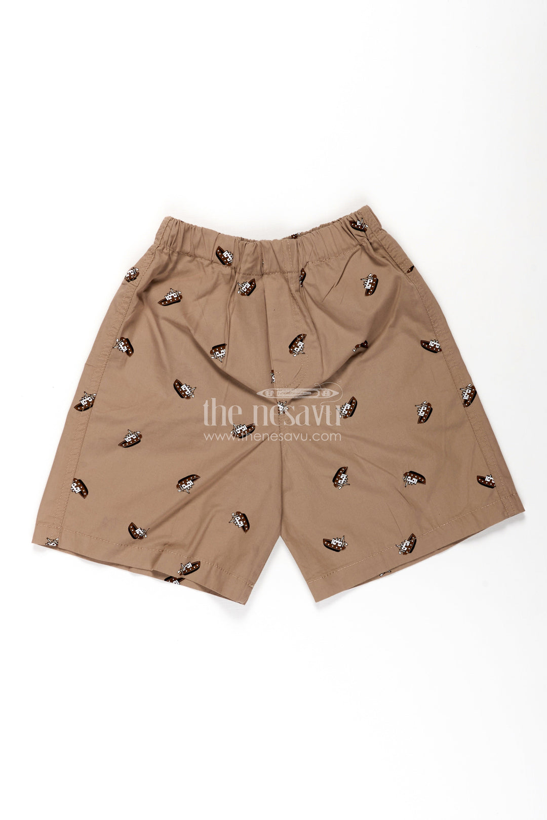 The Nesavu Boys Shorts Boys Cotton Brown Shorts with Pirate Ship Digital Print and Soft Elastic Waistband for Daily Comfort Nesavu 18 (2Y) / Brown BWS039A-18 Nesavu Boys Brown Cotton Shorts Pirate Ship Print Comfortable Fit Everyday Wear
