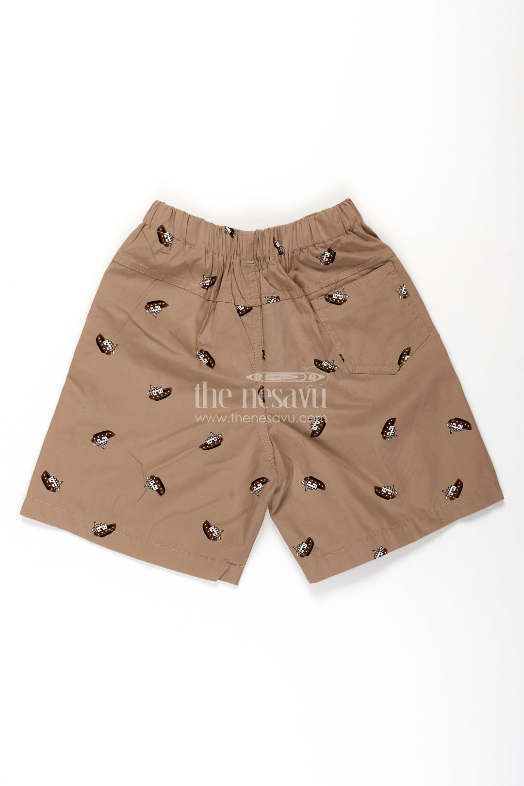 The Nesavu Boys Shorts Boys Cotton Brown Shorts with Pirate Ship Digital Print and Soft Elastic Waistband for Daily Comfort Nesavu Nesavu Boys Brown Cotton Shorts Pirate Ship Print Comfortable Fit Everyday Wear