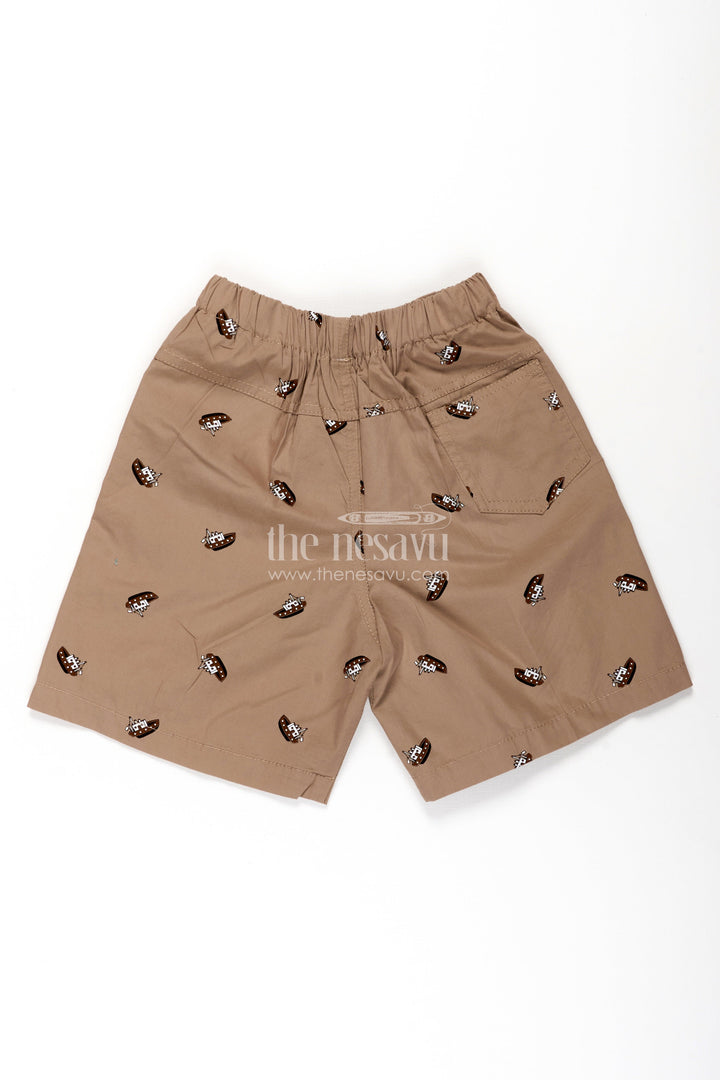 The Nesavu Boys Shorts Boys Cotton Brown Shorts with Pirate Ship Digital Print and Soft Elastic Waistband for Daily Comfort Nesavu Nesavu Boys Brown Cotton Shorts Pirate Ship Print Comfortable Fit Everyday Wear