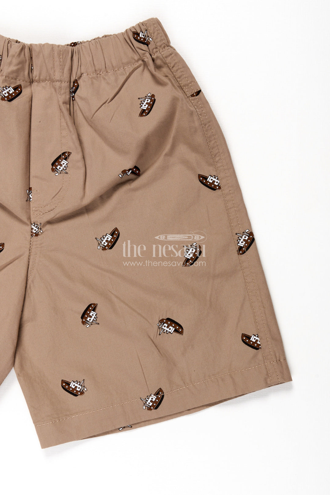 The Nesavu Boys Shorts Boys Cotton Brown Shorts with Pirate Ship Digital Print and Soft Elastic Waistband for Daily Comfort Nesavu Nesavu Boys Brown Cotton Shorts Pirate Ship Print Comfortable Fit Everyday Wear