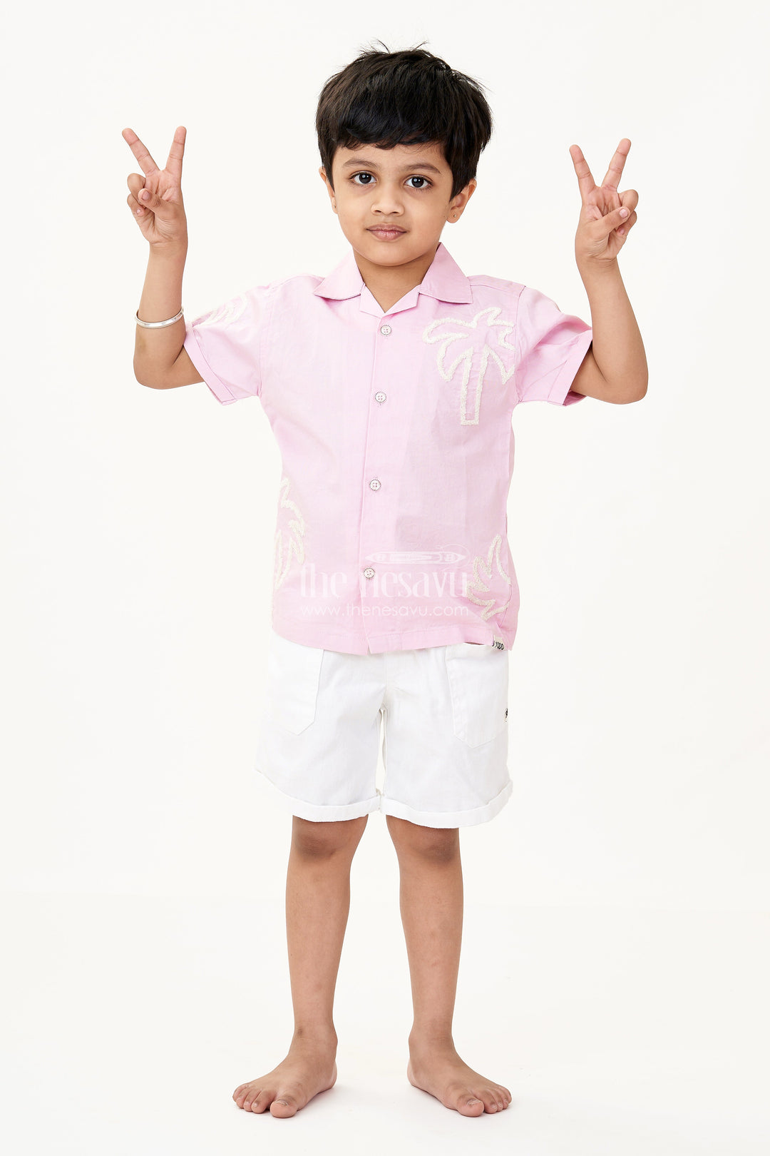 The Nesavu Boys Casual Set Boys Cotton Casual Classic Dresses with Chenille Embroidery Shirt and White Shorts in Soft Pink Nesavu 20 (3Y) / Pink BCS221A-20 Boys Cotton Chenille Embroidered Shirt Shorts Set Pink Casual Classic Summer Outfit | The Nesavu