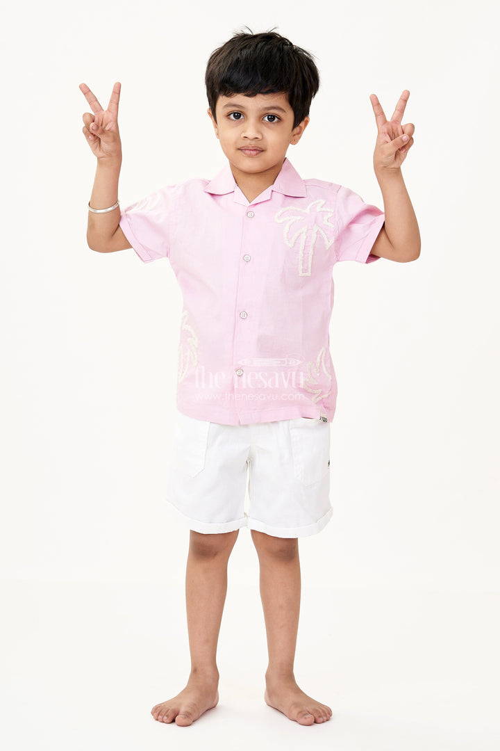 The Nesavu Boys Casual Set Boys Cotton Casual Classic Dresses with Chenille Embroidery Shirt and White Shorts in Soft Pink Nesavu 20 (3Y) / Pink BCS221A-20 Boys Cotton Chenille Embroidered Shirt Shorts Set Pink Casual Classic Summer Outfit | The Nesavu