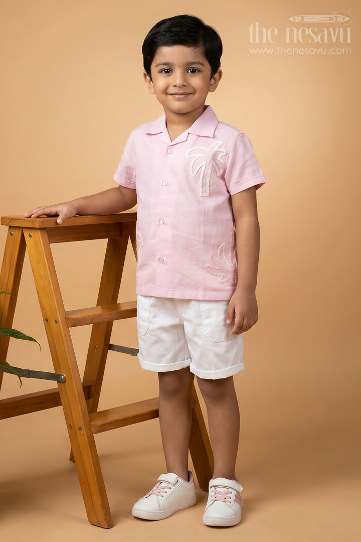 The Nesavu Boys Casual Set Boys Cotton Casual Classic Dresses with Chenille Embroidery Shirt and White Shorts in Soft Pink Nesavu 20 (3Y) / Pink BCS221A-20 Boys Cotton Chenille Embroidered Shirt Shorts Set Pink Casual Classic Summer Outfit | The Nesavu